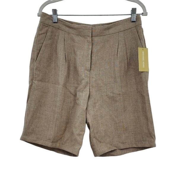 New NWT Michael Kors Tan‎ Linen Pleated Front Midi Bermuda Shorts Size 8 Hemp - Picture 1 of 13